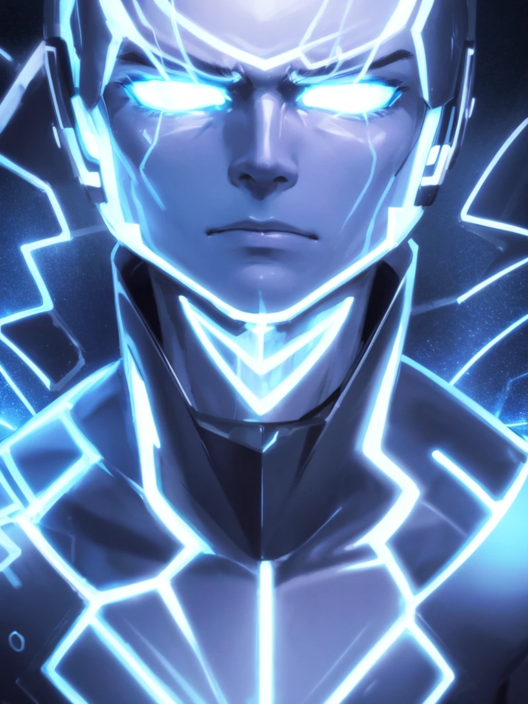 Mascule Man face with blue neon lights on a dark background and with a lethal drearm with a determined expression
