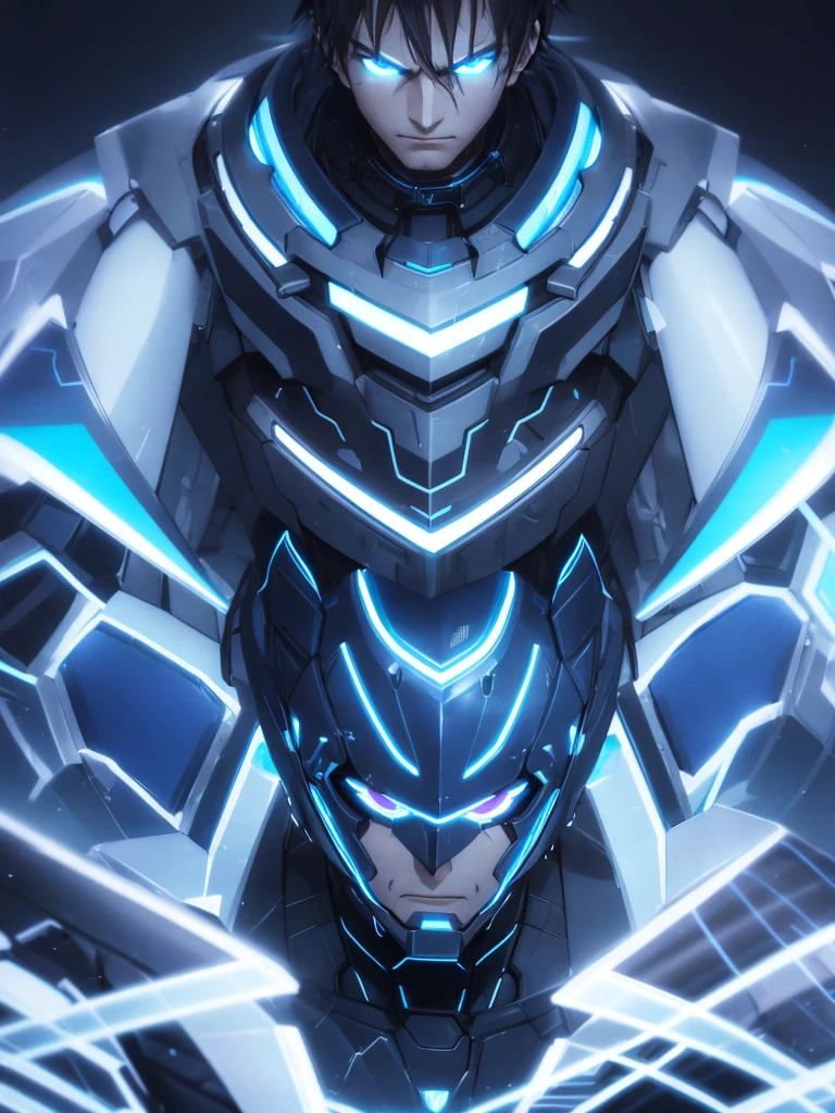 Mascule Man face with blue neon lights on a dark background and with a lethal drearm with a determined expression