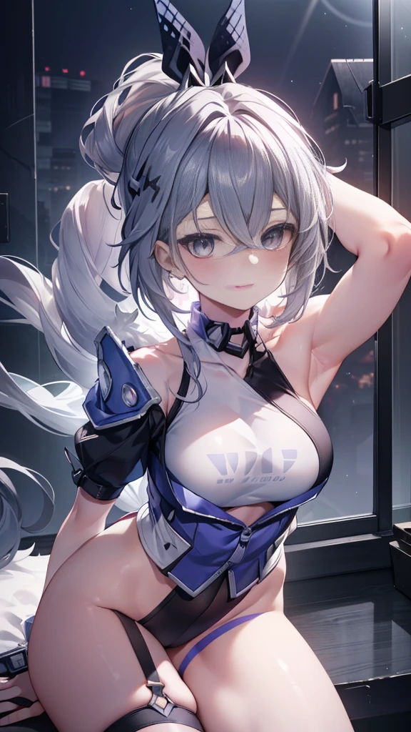 silverwolf、blush,smile、Combat Uniform、Please show me your armpits、Shoulder Bare、The clavicle is visible、Sexy thighs、Beautiful legs、Usual hairstyle、Highest quality, High resolution, unity 8k wallpaper, (shape:0.8), (Beautiful and beautiful eyes:1.6), Highly detailed face, Perfect lighting, Highly detailed CG, (Perfect hands, Perfect Anatomy),
