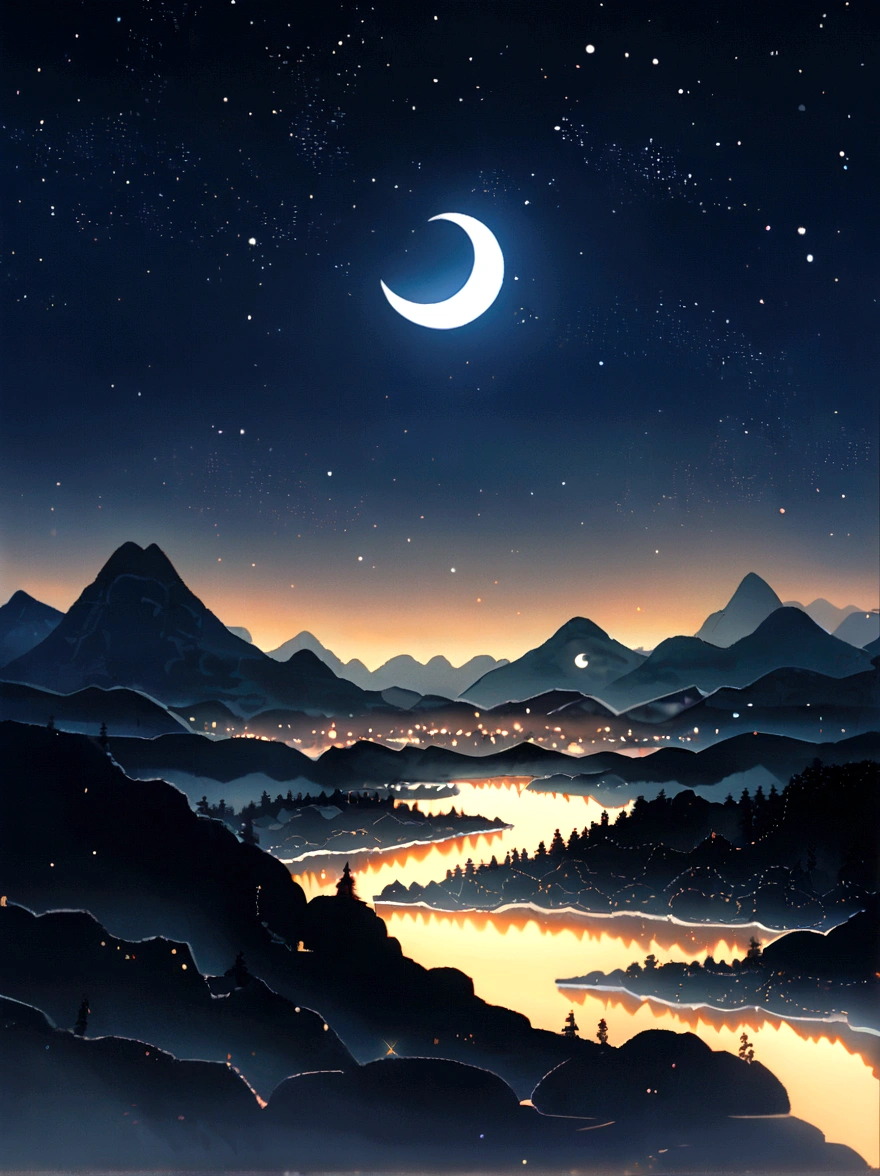 Crescent moon in the sky、There are clouds and mountains in the background, Matte painting by Muguru, Flicker, letter, Moonlit Night dreamy atmosphere, Beautiful moonlight night, Moonlit Night sky, Beautiful moonlight, Moonlight Background, Beautiful moonlight, Moonlit Night, Crescent moon in the background, Moonlit Nightscape, night sky with moon