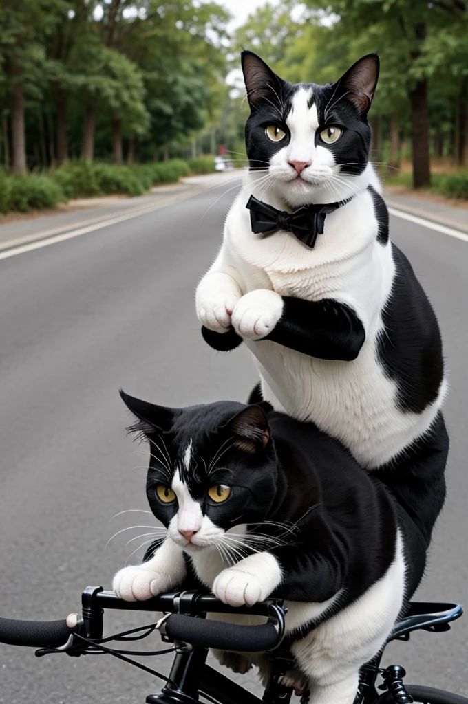 Image of a black and white cat (tuxedo)
chubby riding a bicycle