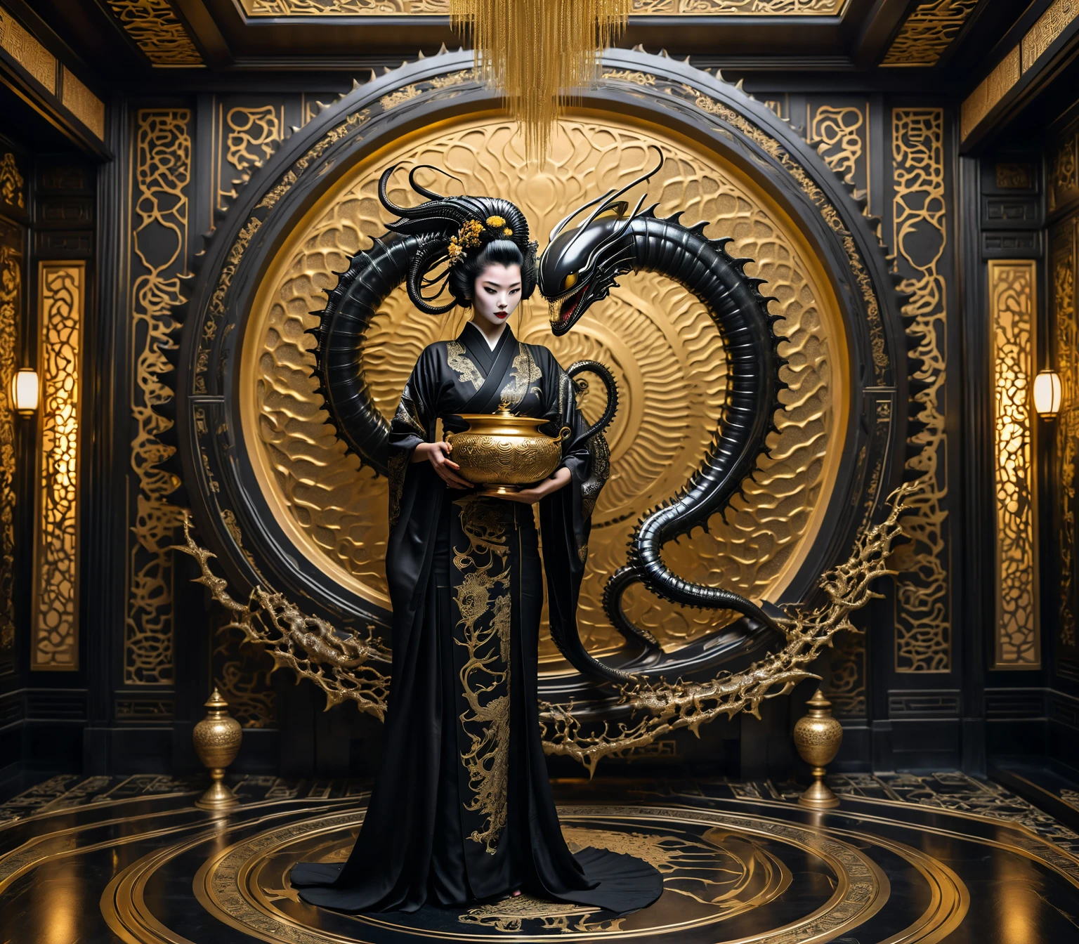 A fiercy geisha holding the crop head of a giger xenomorph as a trophy, coming out from a fantasy worlds dimensional vortex portal at the end of a luxurious oriental room decorated with golden arabesques.