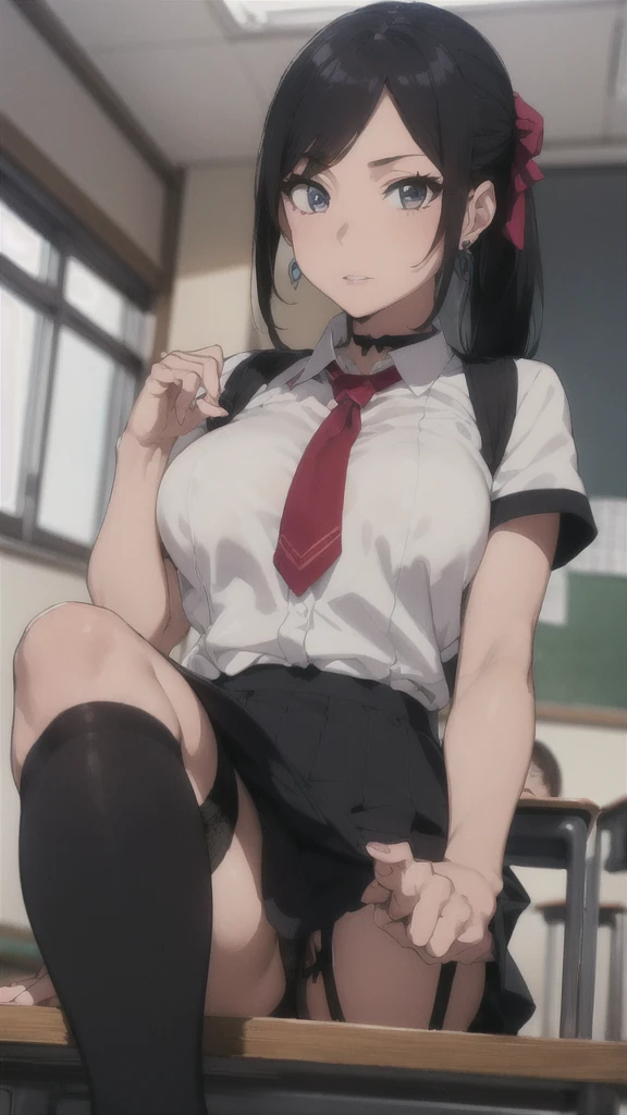 ((Correct Anatomy))、(Female student)、((school uniform))、((Short sleeve))、(Mini Pleated Skirt),(((Black Stockings))),((garter belt)),((School classroom)),Ultra-high resolution,Mature Woman, Mature Woman, Very detailed, (Big Breasts),((Beautiful feet)),Perfect hands, Detailed fingers, Beautiful details, ((Long Hair)),((ponytail)),Black Choker, Earrings,Perfect Eyes, Captivating eyes