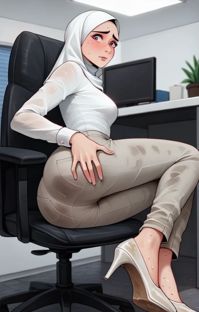 (((Realistic graphics))), (((realistic textures))), realistic face features, realistic body proportions, 1girl, slim face, pretty face, cute eyes, skinny body, wearing white hijab, white chino pants, tight long sleeve classic buttoned shirt, white heels, nervous facial expressions, very sweaty, both hands on ass, in office, near the office chair, dirty office chair, dirty pants, dirty clothes, sweaty clothes, (((make the whole image filthy and dirty))), (((mud overflowing from pants))), stinky atmosphere, filthy atmosphere, mud on pants, disgusting office, too much mud on pants