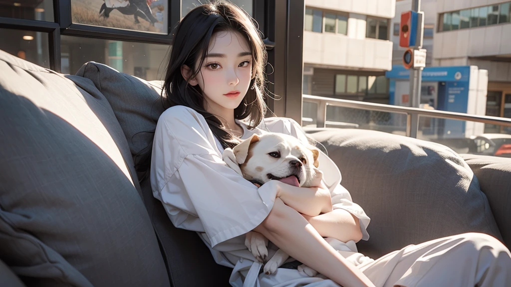 A sleeping Asian woman, 25 years old, realistic, she wears pink 7-point shorts, white t-shirt, white hair. High detail, high resolution. Sleep with puppy in your arms, white skin, hold puppies, hold puppies