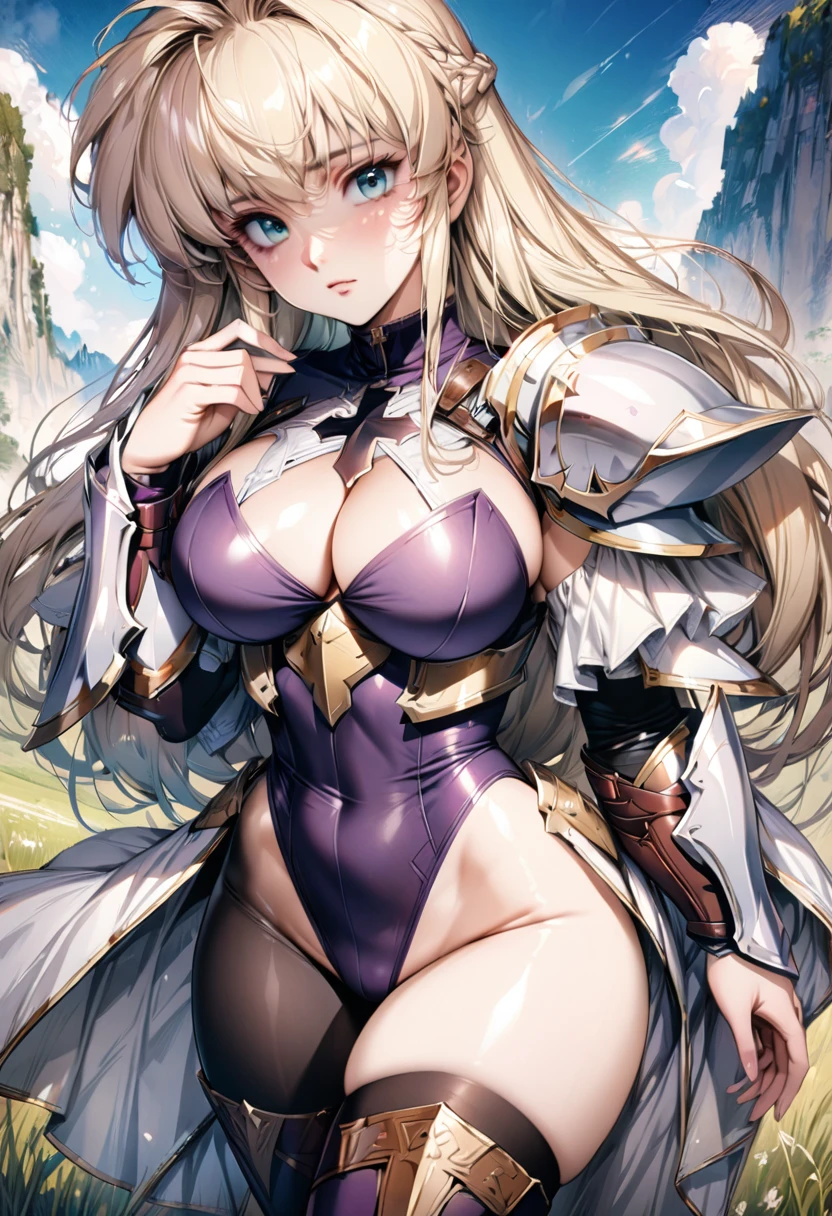 ((highest quality)), ((masterpiece)), ((hyperrealistic)), (detailed background), solo, 1girl, ((curvy: 1.2)), kawaii, ((wizard knight)), langrisser, blonde braided long hair, ((Large cross pattern dark purple Leotard: 1.5)), (paladin armor), ((Tight-fitting leotard bodysuit)), ((large breasts)), ((arm guard gauntlet)), metal harness breastplate, ((zettai ryouiki thigh boots)), (big butt), (cleavage cutout), (Groin), (thigh), (See-through black pantyhose), beautiful aqua eyes, droopy eyes, perfect face, Perfect hands, perfect fingers, Blue sky and grassland, posing,