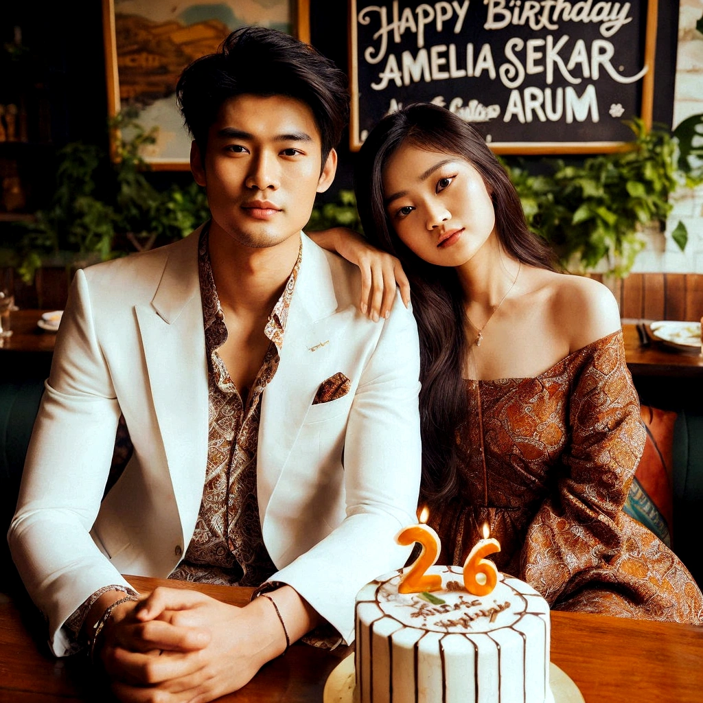 couple photo of an Asian man with wearing a white suit with an Asian girl yellow dress batik with long hair, with an cake happy birthday "26" and logo " Amelia Sekar Arum", amazing photo shoot, very beautiful photo, birthday photo, romantic couple,full body, background logo "Amelia Sekar Arum", high detail, uhd