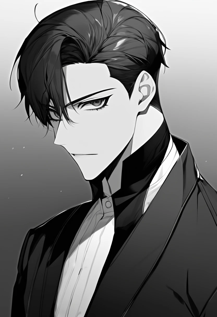 yuto-sano, 1boy, Kaneki, black hair, black suit, white uniform, elegant, monochrome, solo, greyscale, male focus, looking at viewer, ((short hair)), ((slick back)), slick back, hairstyle