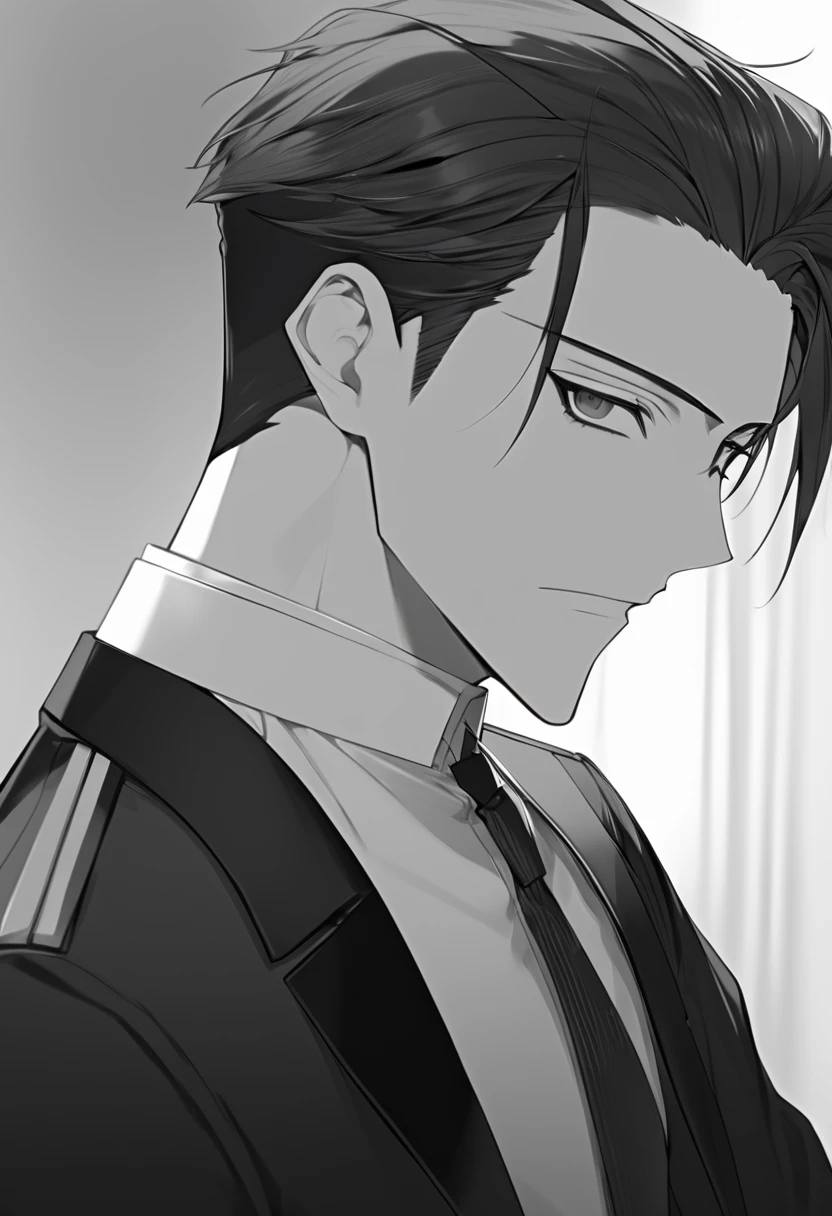 yuto-sano, 1boy, Kaneki, black hair, black suit, white uniform, elegant, monochrome, solo, greyscale, male focus, looking at viewer, ((short hair)), ((slick back)), slick back, hairstyle