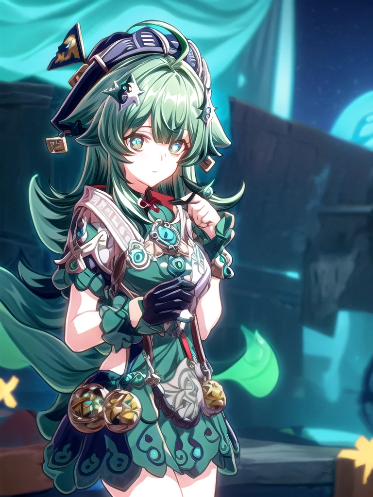 1girl, HOHOO, LONG HAIR, GREEN HAIR, HAIRORNAMENT, ANIMAL EARS, GREEN EYES, JEWELRY, BERET, AHOGE, MAID DRESS, gloves, Masterpiece, Best Quality, High Resolution, 8k