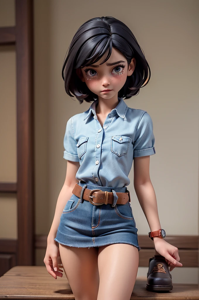 (((((alone))))),(((((masterpiece))))), (((((Best Quality))))),(((((Very detailed))))), finely, Depth of written boundary, Sharp details, Detailed clothing, High resolution,One girl,Beautiful detailed face:), ,(((Slim Body))),(((Small Ass))),(((Denim mini skirt))),(((Wear a belt))),(Wearing a red short-sleeved collared shirt, Plaid))),(((Wear an accurate watch))),(((Sandals))),(((Cowboy Shot))),(((I am going to cry)))