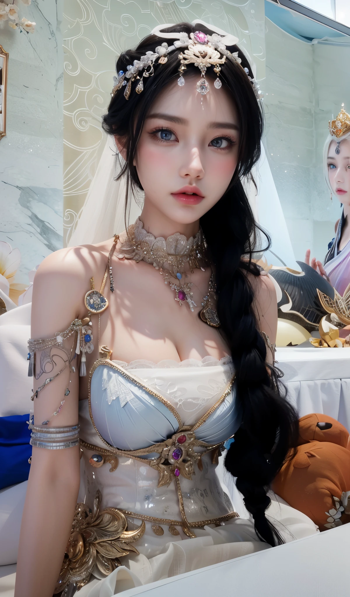 Wearing sexy transparent white gold low cut lace armor、Large cleavage、Close-up of a woman holding a lotus flower in her hand, Head Jewelry, Violet Necklace, Jade Belt , Toned Abs, Beautiful Fantasy Empress, ((Beautiful Fantasy Empress)), Beautiful Celestial Magician, Beautiful character drawings, Full body fairy, Portrait of a girl in the Knights of the Zodiac, Jan J, g lillian art style, Fantasy art style, Shorthand