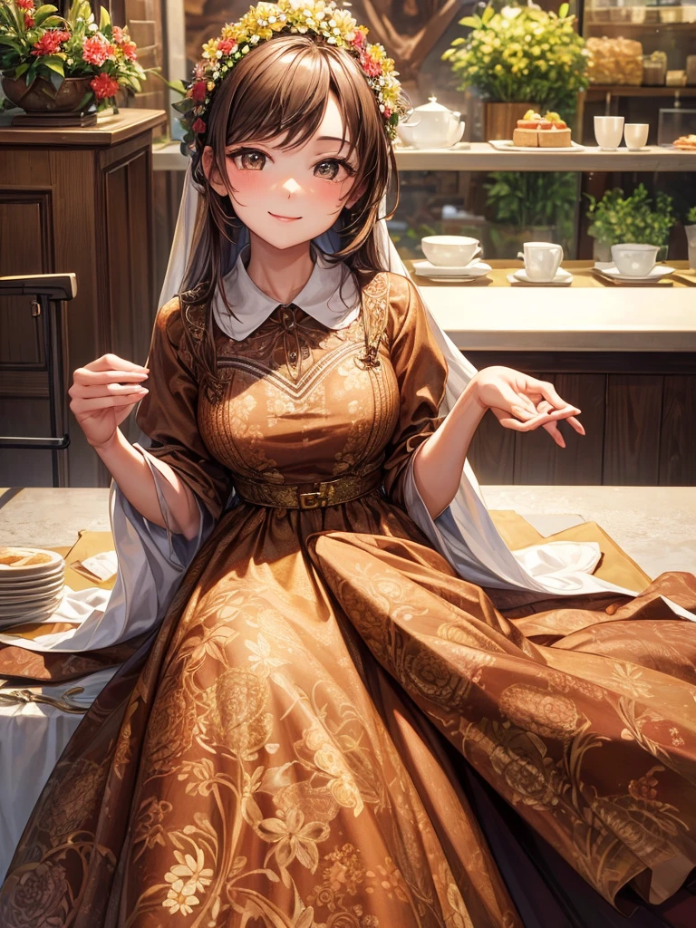 Masterpiece, high quality, A beautiful young woman, She is wearing a brown dress with a floral pattern, smiling Kindly, slender, perfect face, perfect hands, the background is a bright cafe