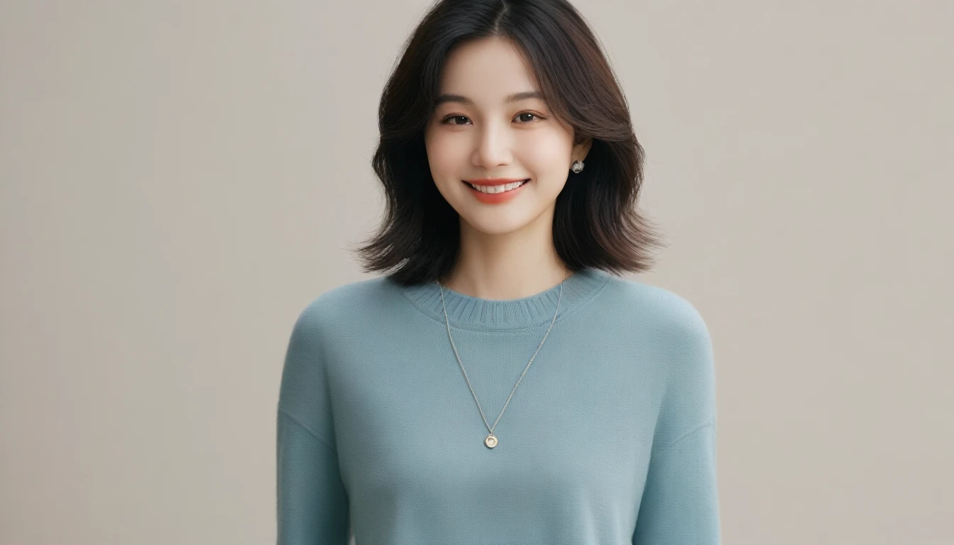 Beauty、ダンスA realistic digital portrait of a 30-something Japanese woman with medium-length wavy black hair and dark brown eyes, fair skin. She has a bright, friendly smile and is in a relaxed, natural pose. She is wearing simple, elegant casual clothing in pastel or natural colors. The background is a well-lit indoor setting or an outdoor scene like a park or cafe, kept simple to keep the focus on her. The overall atmosphere should emphasize her cleanliness, approachability, and the refined, understated charm typical of a Japanese actress.poruno