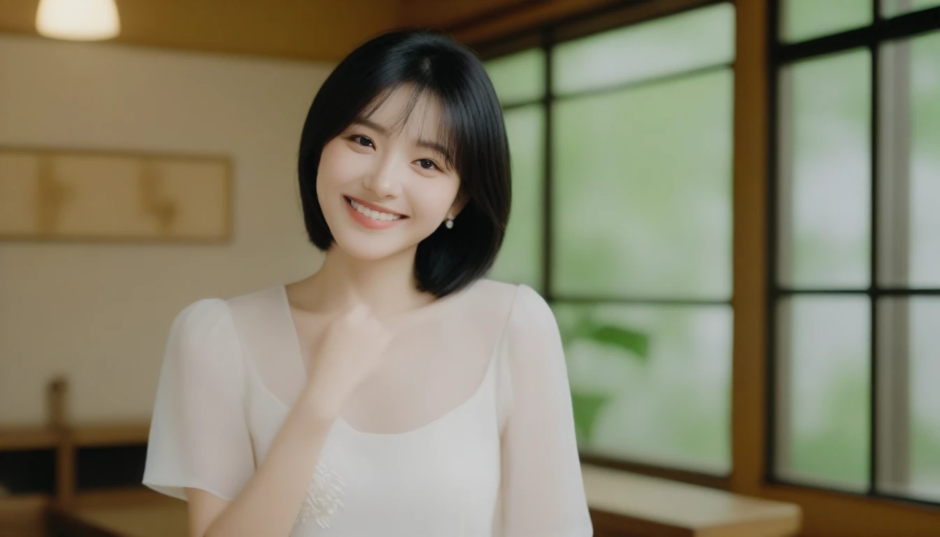Beauty、ダンスA realistic digital portrait of a 30-something Japanese woman with medium-length wavy black hair and dark brown eyes, fair skin. She has a bright, friendly smile and is in a relaxed, natural pose. She is wearing simple, elegant casual clothing in pastel or natural colors. The background is a well-lit indoor setting or an outdoor scene like a park or cafe, kept simple to keep the focus on her. The overall atmosphere should emphasize her cleanliness, approachability, and the refined, understated charm typical of a Japanese actress.poruno