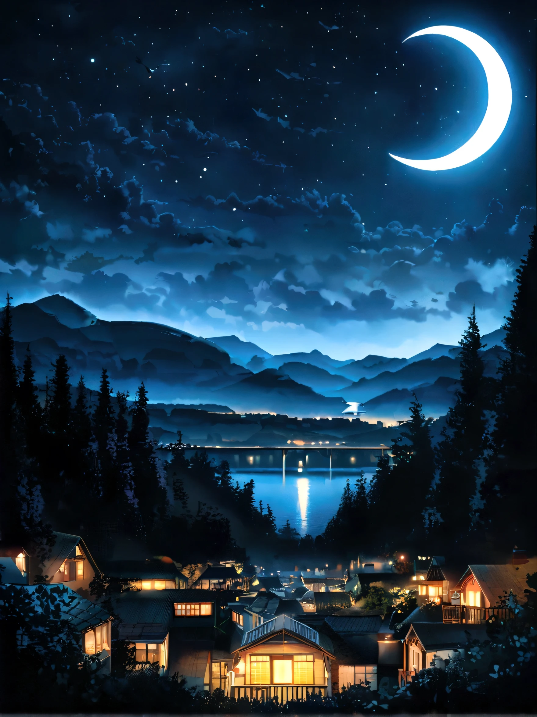Crescent moon in the sky、There are clouds and mountains in the background, Matte painting by Muguru, Flicker, letter, Moonlit Night dreamy atmosphere, Beautiful moonlight night, Moonlit Night sky, Beautiful moonlight, Moonlight Background, Beautiful moonlight, Moonlit Night, Crescent moon in the background, Moonlit Nightscape, night sky with moon