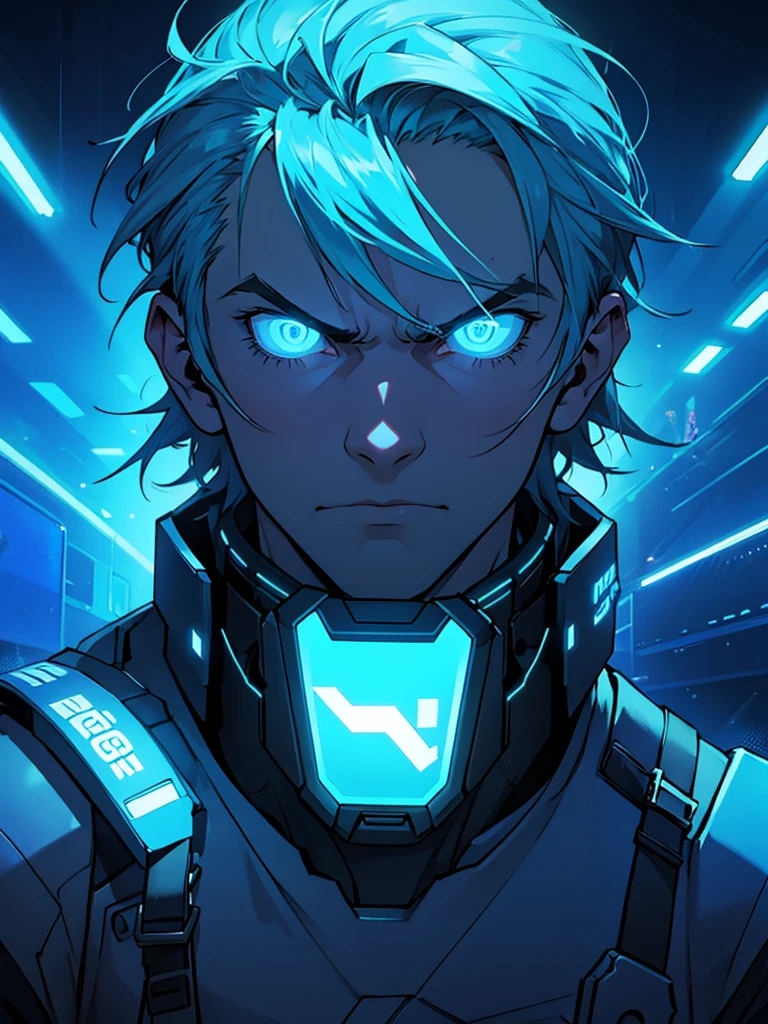 Man face with blue neon lights on a dark background and with a lethal drearm with a determined expression