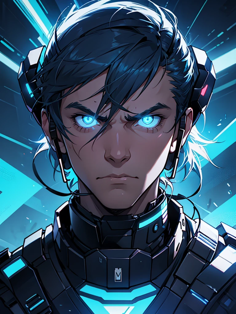  Man face with blue neon lights on a dark background and with a lethal drearm with a determined expression 