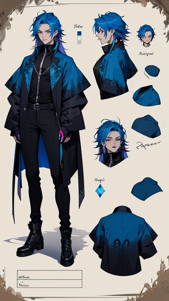 Ultra detailed, modelsheet, clothes details, spiders, fashion, goth, lattin drag queen, hole body, blue fire witch, long blue hair, dark clothing, forest, night, magic