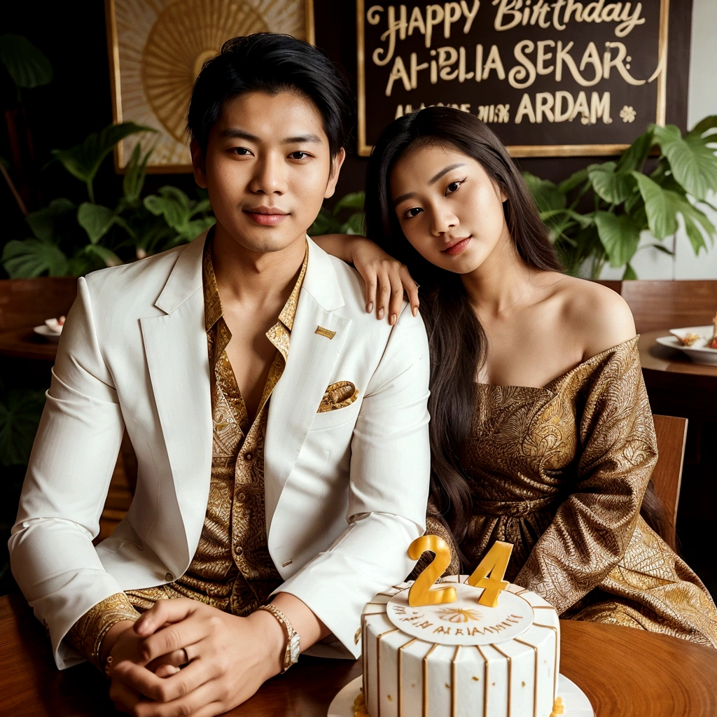 couple photo of an Asian man with wearing a white suit with an Asian girl yellow dress batik with long hair, with an cake happy birthday "26" and logo " Amelia Sekar Arum", amazing photo shoot, very beautiful photo, birthday photo, romantic couple,full body, background logo "Amelia Sekar Arum", high detail, uhd