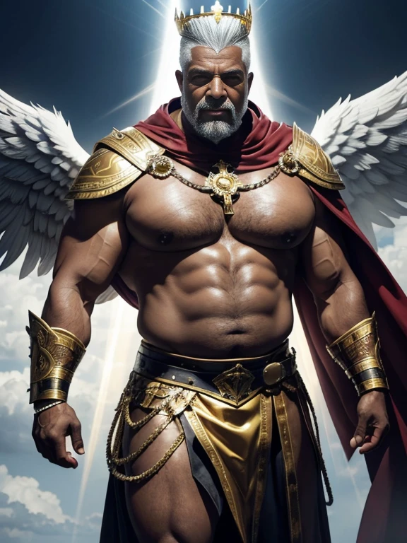 Hyperrealistic image of an elderly holy martyr warrior over 79 years old African American superhero angel with rays of light coming out of his body with two black wings spread with gray hair and a crown of thorns and a halo of light with rays of light on his super head heavy and very fat and very handsome bodybuilder with huge flabby pecs and very sweaty big pointy nipples in a sky of very white clouds dressed only in a leather and gold Roman skirt and a cape.