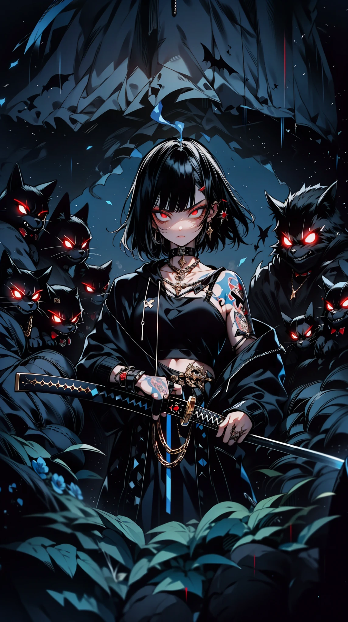 A teenager girl with black hair stands defiantly in the center of the frame, deep blue background. wearing a black open hoodie, revealing intricate tattoos on arms. Holding a katana, its blade glinting with an ominous light. Menacing figures with glowing red eyes surround, the open hoodie reveal a collection of gold chains and jewels. The scene is dark and intense, with smoke swirling around the characters