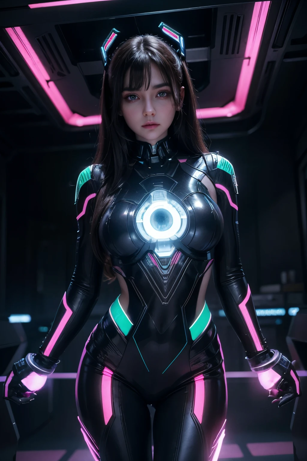 Perfect beauty face, cleavage cutout, big to the waist, realistic and intricate beautiful face girl in realistic sci-fi plugsuit outfit in neon-lit, (((symmetrical eyes, realistic, sharp focus))), masterpiece, 4k, UHD