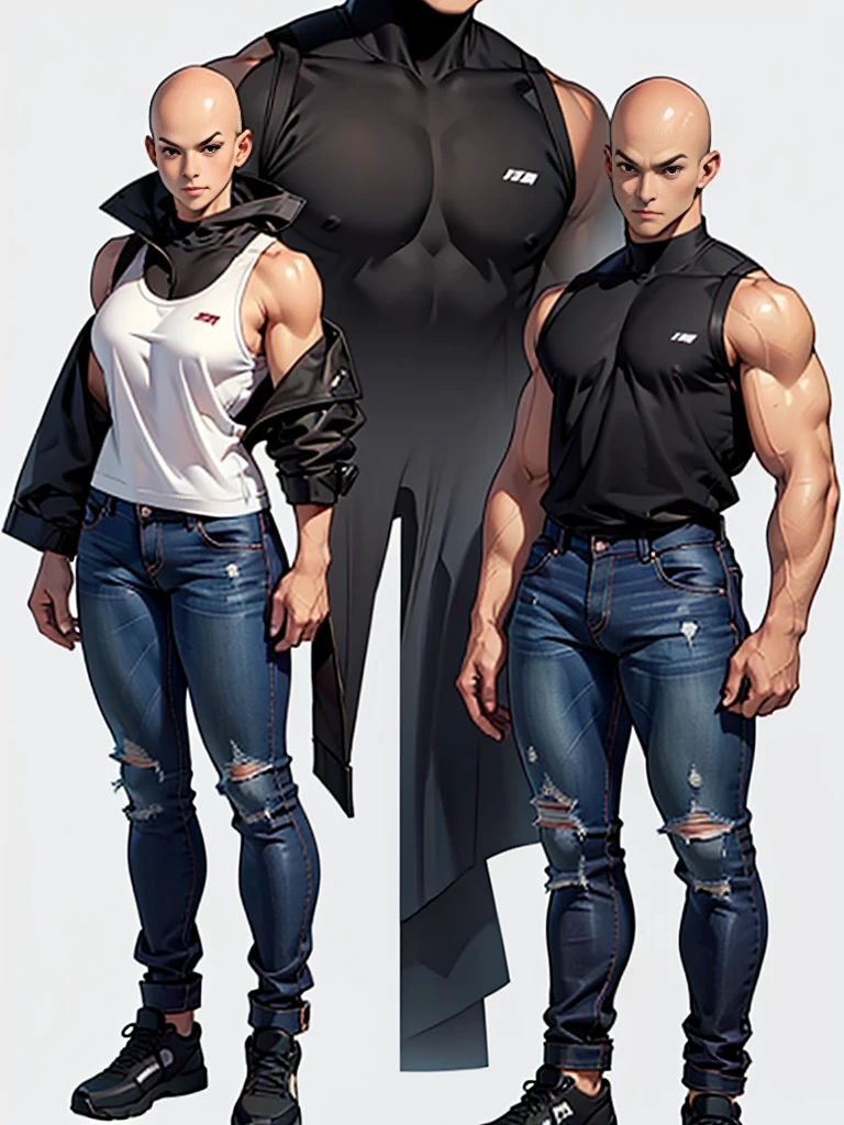 ((best quality)), ((4k)), ((highres)), ((masterpiece:1.2)). ((detailed)), ((ultra realistic)), ((intricate details)), ((full body picture)), ((character design sheet)), ((blank background)), ((standing in a blank background)), a full body shot of a bald female, bald woman, muscular woman, muscular arms, mucular legs, about 5'8 tall, about 25 years old, dressed in a tank top and black jeans pants, bulky