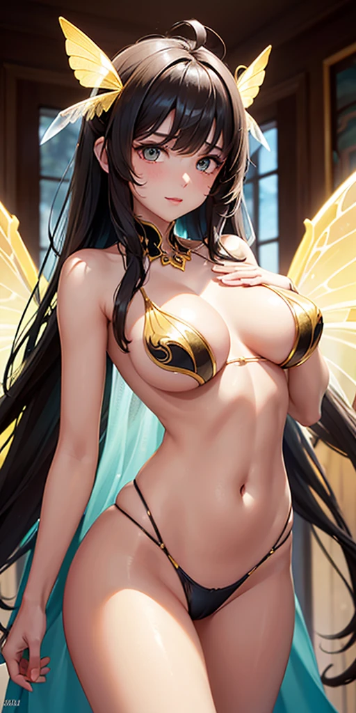 exobiologia: Imagine a girl of exceptional beauty fused with a wasp, with a perfect body sculpted by nature. Its curves adapt to the hot climate, and his tanned skin radiates vitality. his amber eyes, deep they catch you with their flirtatious and seductive sexy look. Her dark brown hair, wavy and voluminous, cascades over his shoulders, framing a face with delicate features. The translucent wings, they unfold from their shoulder blades, adding a touch of exoticism to your figure. Their antennas, like two fine golden hairs, they move with grace, detecting changes in the air and vibrations in the environment. Its segmented abdomen allows it to perform fluid and elegant movements.