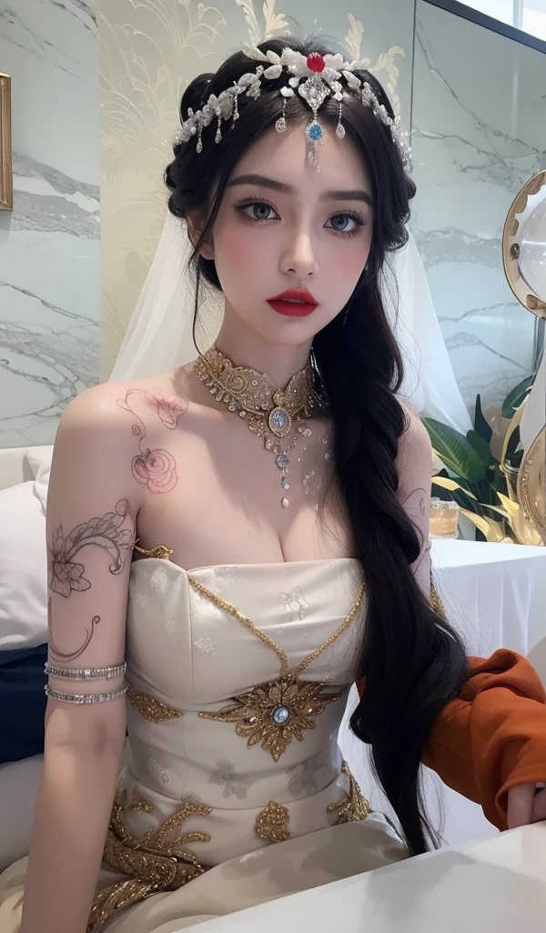 Royal princess，Super detailed, Delicate face, Stock Photography , Portrait 400, F1 Camera Lens.6, Colorful, Surrealism, Realistic textures, Dramatic Lighting, Thin Film Distiller 800 (8K, original photo, Better quality, masterpiece: 1.2), Super detailed, (Extremely delicate skin: 1.2), 8K 超高清, SLR camera, Soft Light, high quality.Fire Queen，Blue pupils，Apply red lipstick，Have a tattoo，The tattoo is very three-dimensional，Gorgeous and intricate tattoo designs，8K Mugshot，Large Breasts，Dark eyeshadow，Sexy thick lips(Red lipstick)，Ice Princess，The facial features are very three-dimensional，Chinese Hanfu，Gorgeous jewelry，Disdainful look(despise，Contempt，angry，impatient look)，Little bear doll