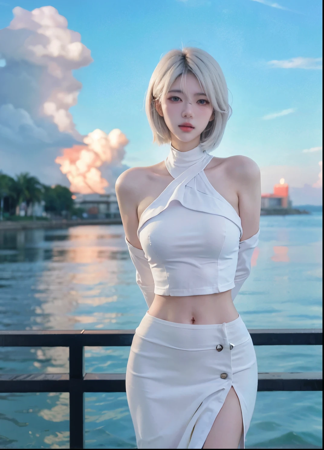 Beautiful woman with perfect figure:1.4，Ultra-high resolution，Put your hands behind your back，Ocean background，（Realism:1.4)，perspective，Layered hairstyle，White skin，JK:1.5，Super short pleated skirt，whole body：1.4，Very delicate and skin texture，Double eyelids，Skin Whitening，Long hair，White hair

