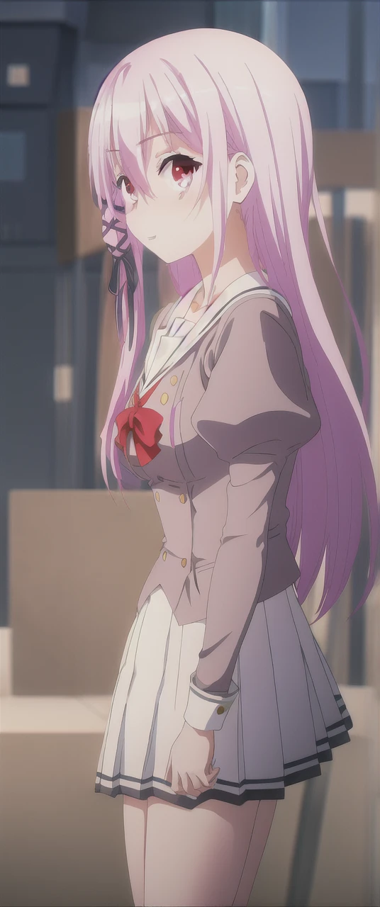 Kisara, looking at the viewer, with hands on hips, leaning forward, bare legs.