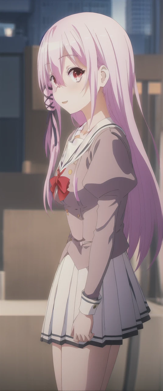 Kisara, looking at the viewer, with hands on hips, leaning forward, bare legs.