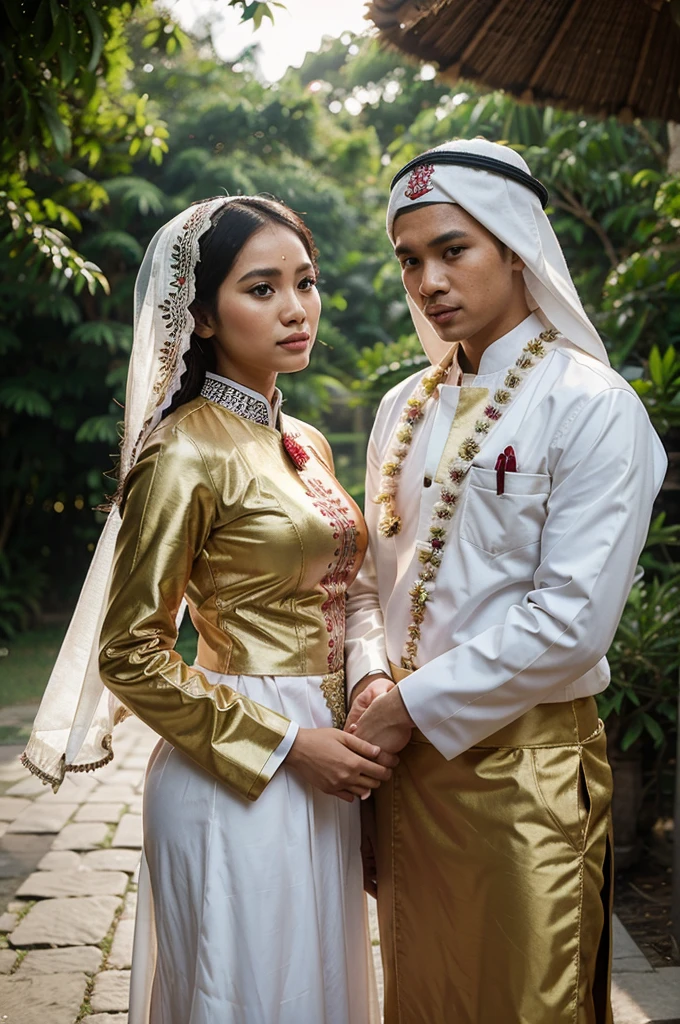 The traditional Indonesian bride and groom wear the hijab, the traditional dress of the Bugis tribe