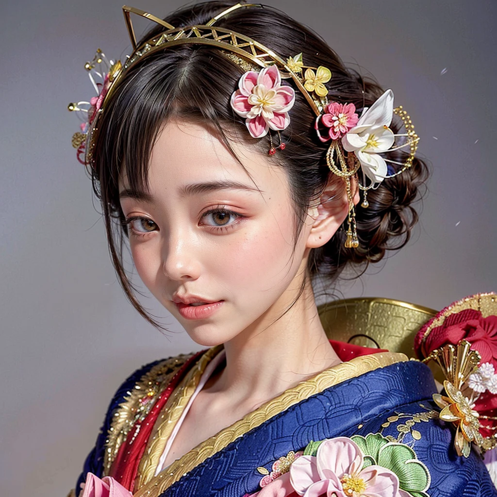 (PUNIPUNI offshoulDer KIMONO offshoulDer KANZASHI flowers Hairpin Twin big bun Oiran-Hair)High-level, 8K Masterpiece TopQuality, Ultra-DetaileD CG, AbsurD DetaileD wallpaper, PerfectLighting, Extremely DetaileD (((Personifying " Oiran " as a KAWAII Girl))), Characteristic Items, aesthetic LifeLike RenDering, MysticSight, Haze TynDall Scattering, (StuDio GRAY BackgrounD with (OoDles Dazzling IriDescent Particles (bokeh))), (((Assfocus)) RounDlyButt) ThighGap, (ExposeD:0.44) 🔞 BREAK (Acutance:0.8), (NOGIZAKA FaceVariations) Extremely DetaileD very KAWAII FaceVariations, ChilDish CaptivatingGaze ElaboratePupils DetaileD Eyes with (SparklingHighlights:1.28), (Voluminous LongEyelashes:0.88)、Glossy ReDLips with beautiful Details, CoquettishTongue, RosyCheeks, RaDiant PearlSkin with Transparency, Glowing DowneyHair . { (Dynamic LifeLike expressions:1.4) | (:D) }, (large eyes:-1) .