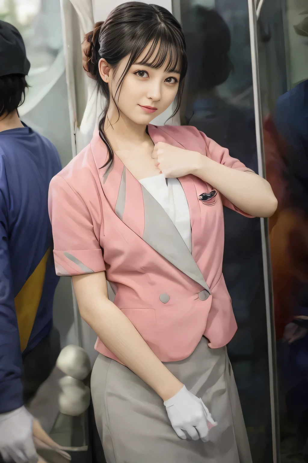 (masterpiece:1.2, Highest quality:1.2), 32k HDR, High resolution, (alone、1 girl)、 (Height: 160cm)、（On the rooftop of a building in the daytime、Professional Lighting）、Building rooftop background、（Nankai train crew uniform pinkを着たリアルスタイル）、（Nankai train crew uniform pink short sleeve collarless pink jacket、Nankai Train Crew Uniform Pink Collarless Short Sleeve Blouse、Nankai Train Crew Uniform Pink Grey Knee-length Culottes）、（The pink jacket is showing from the culottes.）、Dark brown hair、（Long hair that goes up to the chest、Let your hair down）、Long Shot、Big Breasts、Thin legs、（（Great hands：2.0）），（（Harmonious body proportions：1.5）），（（Normal limbs：2.0）），（（Normal finger：2.0）），（（Delicate eyes：2.0）），（（Normal eyes：2.0））)、smile、（Nankai Train Crew Uniform Pink Grey Knee-length Culottesを見せた美しい歩く姿）、Place your hands around your stomach