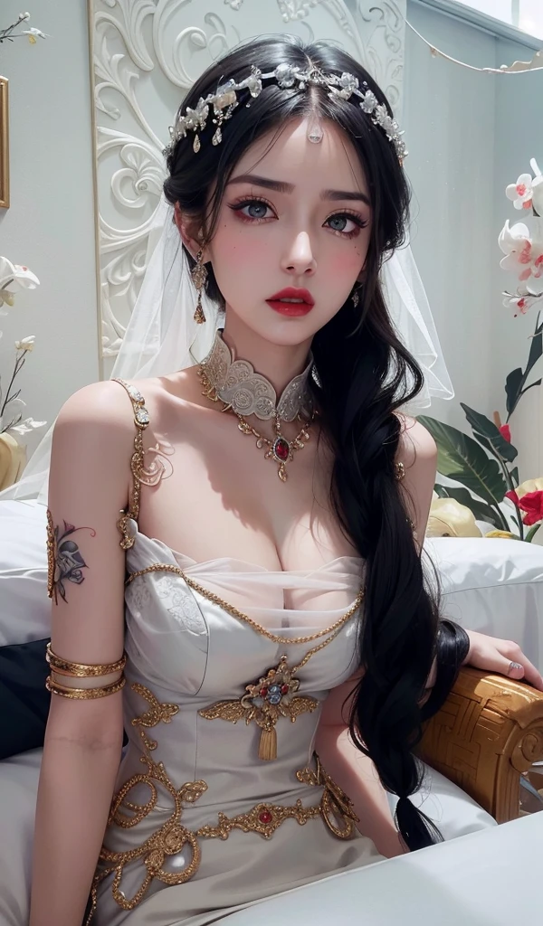 Royal princess,Super detailed, Delicate face, Stock Photography , Portrait 400, F1 Camera Lens.6, Colorful, Surrealism, Realistic textures, Dramatic Lighting, Thin Film Distiller 800 (8K, original photo, Better quality, masterpiece: 1.2), Super detailed, (Extremely delicate skin: 1.2), 8K 超高清, SLR camera, Soft Light, high quality.Fire Queen,Blue pupils,Apply red lipstick,Have a tattoo,The tattoo is very three-dimensional,Gorgeous and intricate tattoo designs,8K Mugshot,Large Breasts,Dark eyeshadow,Sexy thick lips(Red lipstick),Ice Princess,The facial features are very three-dimensional,Chinese Hanfu,Gorgeous jewelry,Disdainful look(despise,Contempt,angry,impatient look),Little bear doll
