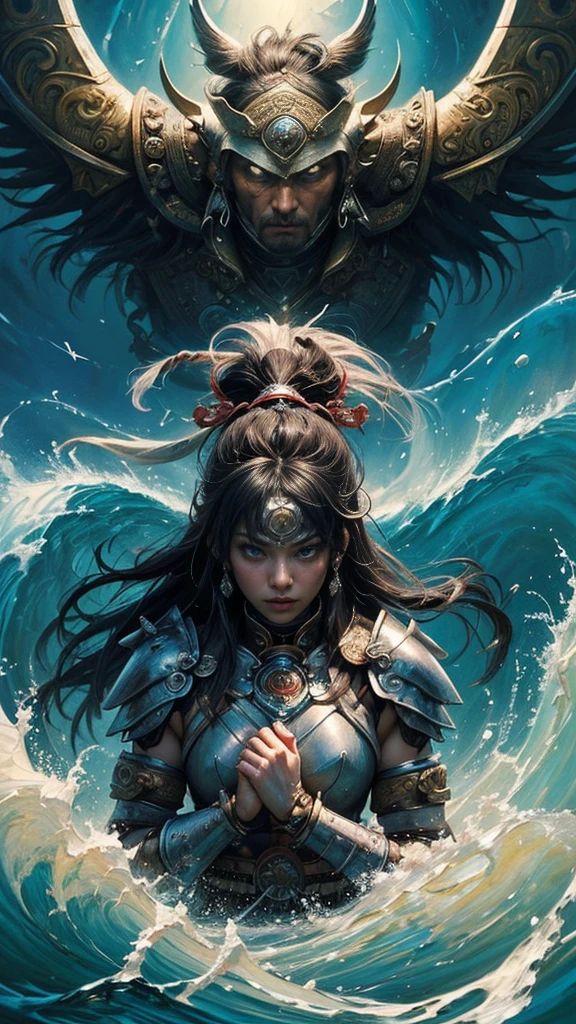 (Tabletop, Highest quality, Highest quality, (((((warrior)))))、Official Art, (beautifully、aesthetic:1.4), (painting:1.4) ), (warrior 1.5), God of Japanese mythology, Majestic beauty, God of the Sea、God of Waves、Komono、((((Komono))))、Support for reincarnation, God's Grace, Calm and meditative expression, Flowing Armor, shine、Brought peace and a bountiful harvest to all the oceans on earth, Soaring into the sea, Whispers of Ancient Lore、(((standing)))