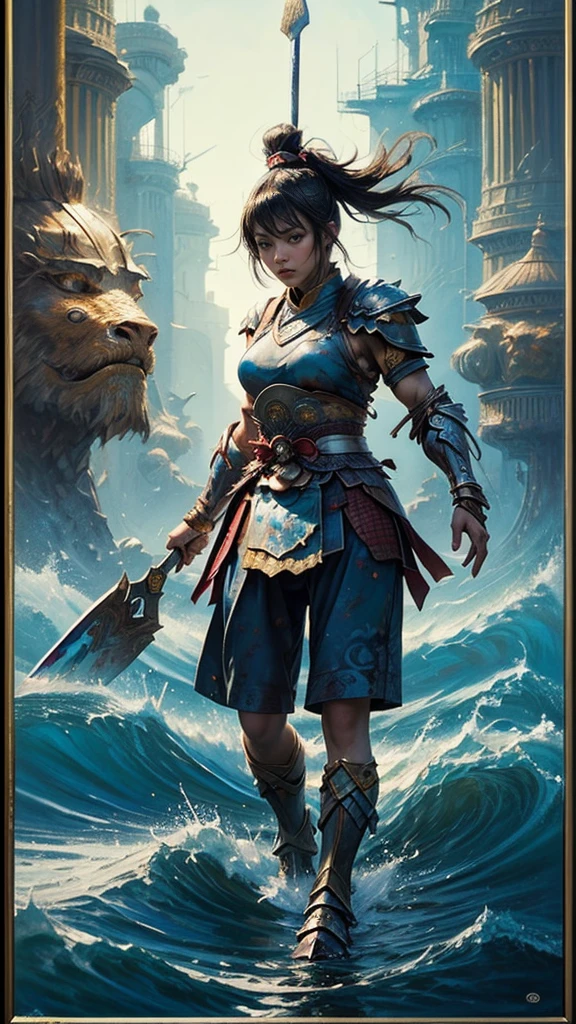 (Tabletop, Highest quality, Highest quality, (((((warrior)))))、Official Art, (beautifully、aesthetic:1.4), (painting:1.4) ),  (warrior 1.5), God of Japanese mythology, Majestic beauty, God of the Sea、God of Waves、Komono、((((Komono))))、Support for reincarnation, God&#39;s Grace, Calm and meditative expression, Flowing Armor, shine、Brought peace and a bountiful harvest to all the oceans on earth, Soaring into the sea, Whispers of Ancient Lore、(((standing)))