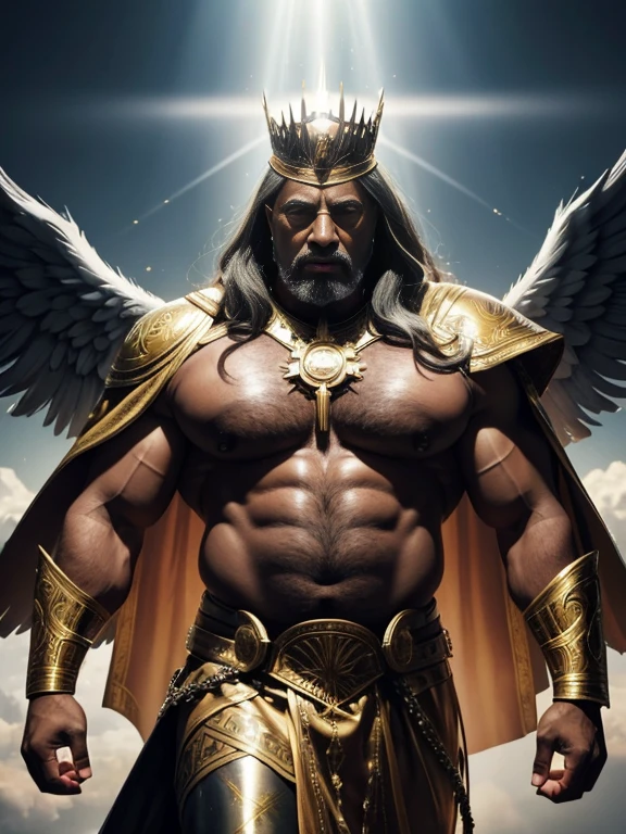 Hyperrealistic image of an elderly holy martyr warrior over 79 years old African American superhero angel with rays of light coming out of his body with two black wings spread with gray hair and a crown of thorns and a halo of light with rays of light on his super head heavy and very fat and very handsome bodybuilder with huge flabby pecs and very sweaty big pointy nipples in a sky of very white clouds dressed only in a leather and gold Roman skirt and a cape.