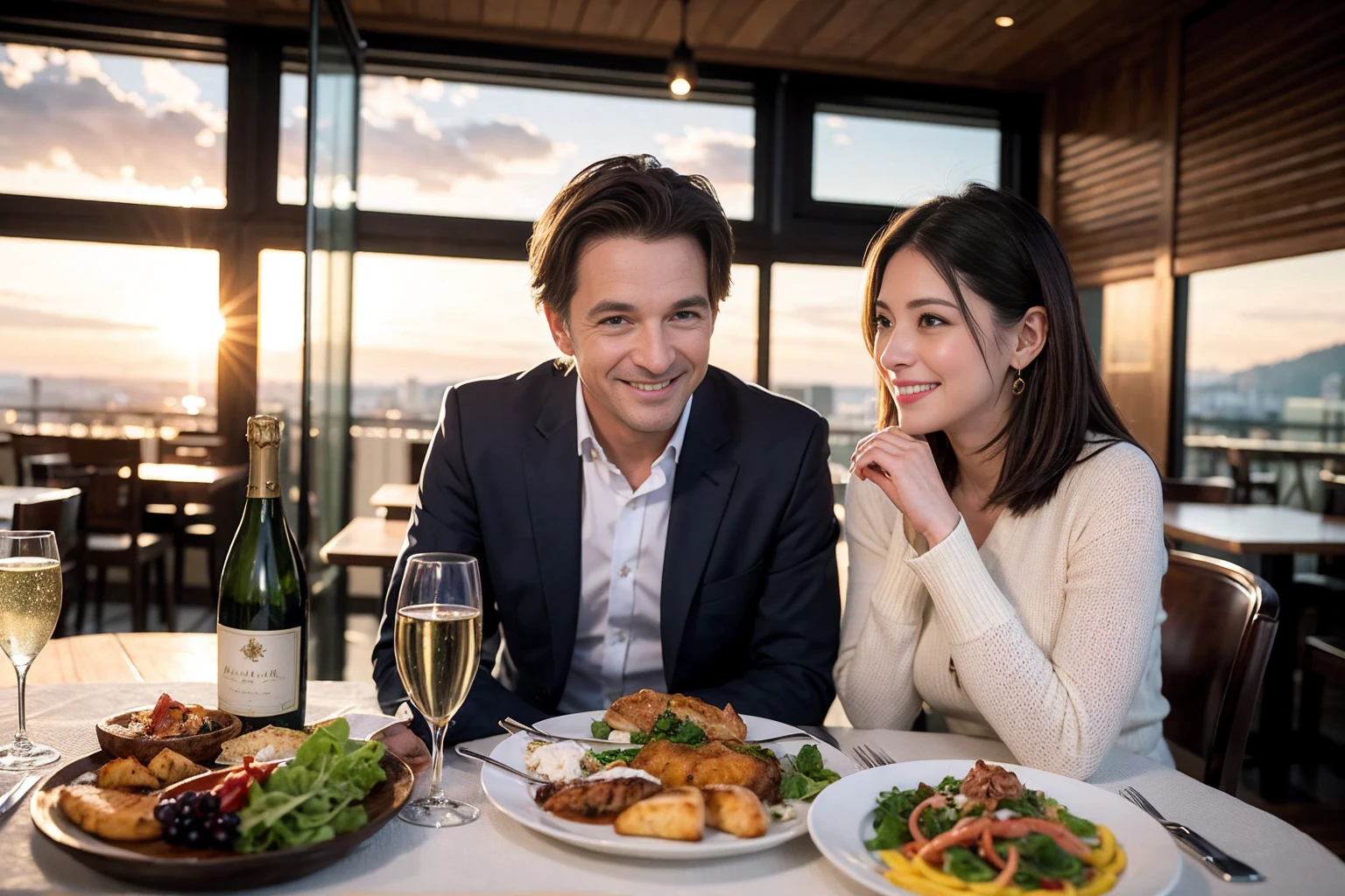((Highest quality、8K、masterpiece:1.3))、1 male、1 female、spouse、Beautiful couple、smile、full-course dinner、 (Slim face), (the body is スリム), (Brown Hair), (Shortcuts), ((Bob Hale、Straight hair:1.2)), テーブルの上のwine glass、Put the light on your face、 Amazing view of the sunset sky and clouds、smileの美しさ、Bright image、Blushing, Shortcuts, (Age 35), 39 years old, Appetizers、Italian food、Wine bottle、Champagne、sparkling wine、Long sleeve shirt、dress、Attractive beauty、restaurant, Nova Frog Style, actress, model, Upper Body, White wine, red wine, wine glass,
