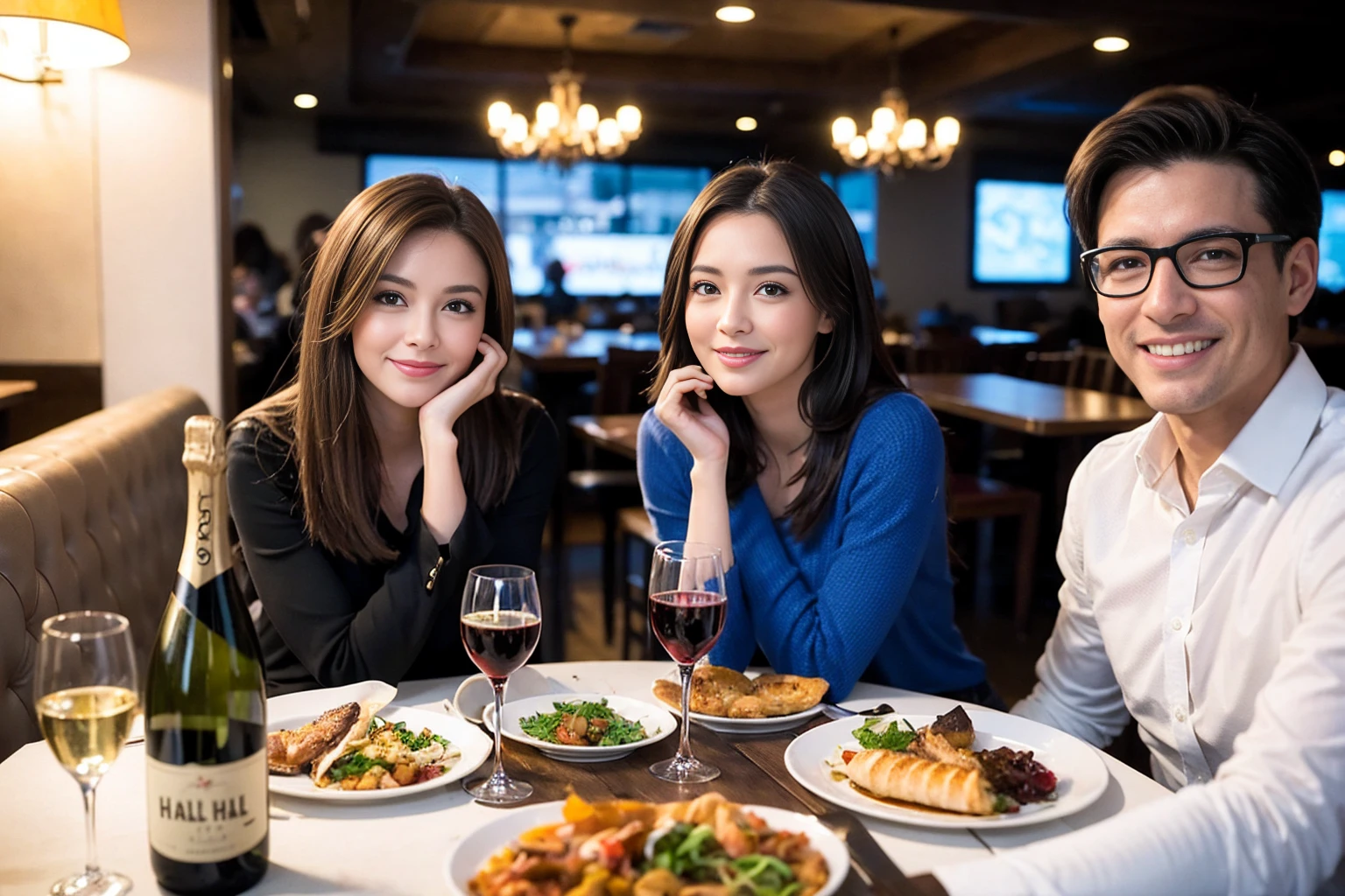 ((Highest quality、8K、masterpiece:1.3))、1 male、1 female、spouse、Beautiful couple、smile、full-course dinner、 (Slim face), (the body is スリム), (Brown Hair), (Shortcuts), ((Bob Hale、Straight hair:1.2)), テーブルの上のwine glass、Put the light on your face、 Amazing view of the sunset sky and clouds、smileの美しさ、Bright image、Blushing, Shortcuts, (Age 35), 39 years old, Appetizers、Italian food、Wine bottle、Champagne、sparkling wine、Long sleeve shirt、dress、Attractive beauty、restaurant, Nova Frog Style, actress, model, Upper Body, White wine, red wine, wine glass, 