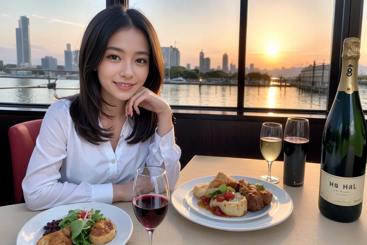 ((Highest quality、8K、masterpiece:1.3))、1 male、1 female、spouse、Beautiful couple、smile、full-course dinner、 (Slim face), (the body is スリム), (Brown Hair), (Shortcuts), ((Bob Hale、Straight hair:1.2)), テーブルの上のwine glass、Put the light on your face、 Amazing view of the sunset sky and clouds、smileの美しさ、Bright image、Blushing, Shortcuts, (Age 35), 39 years old, Appetizers、Italian food、Wine bottle、Champagne、sparkling wine、Long sleeve shirt、dress、Attractive beauty、restaurant, Nova Frog Style, actress, model, Upper Body, White wine, red wine, wine glass, 