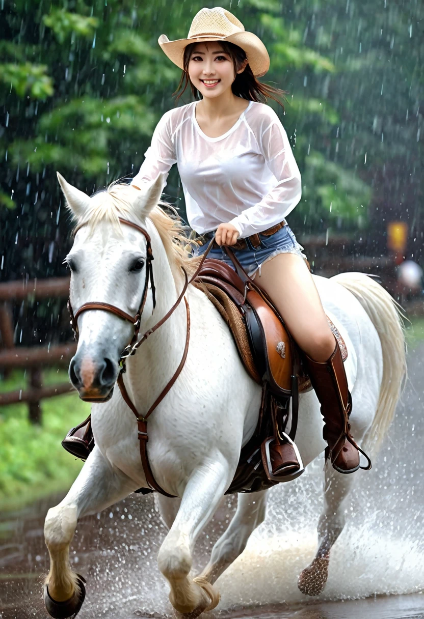 professional photography, a beautiful Japanese girl, smiling forward, wearing a transparent white t-shirt, big breasts, white panties , riding a running horse, raining, her clothes soaked in the rain, wearing a cowboy hat, 8k, ultra-realistic