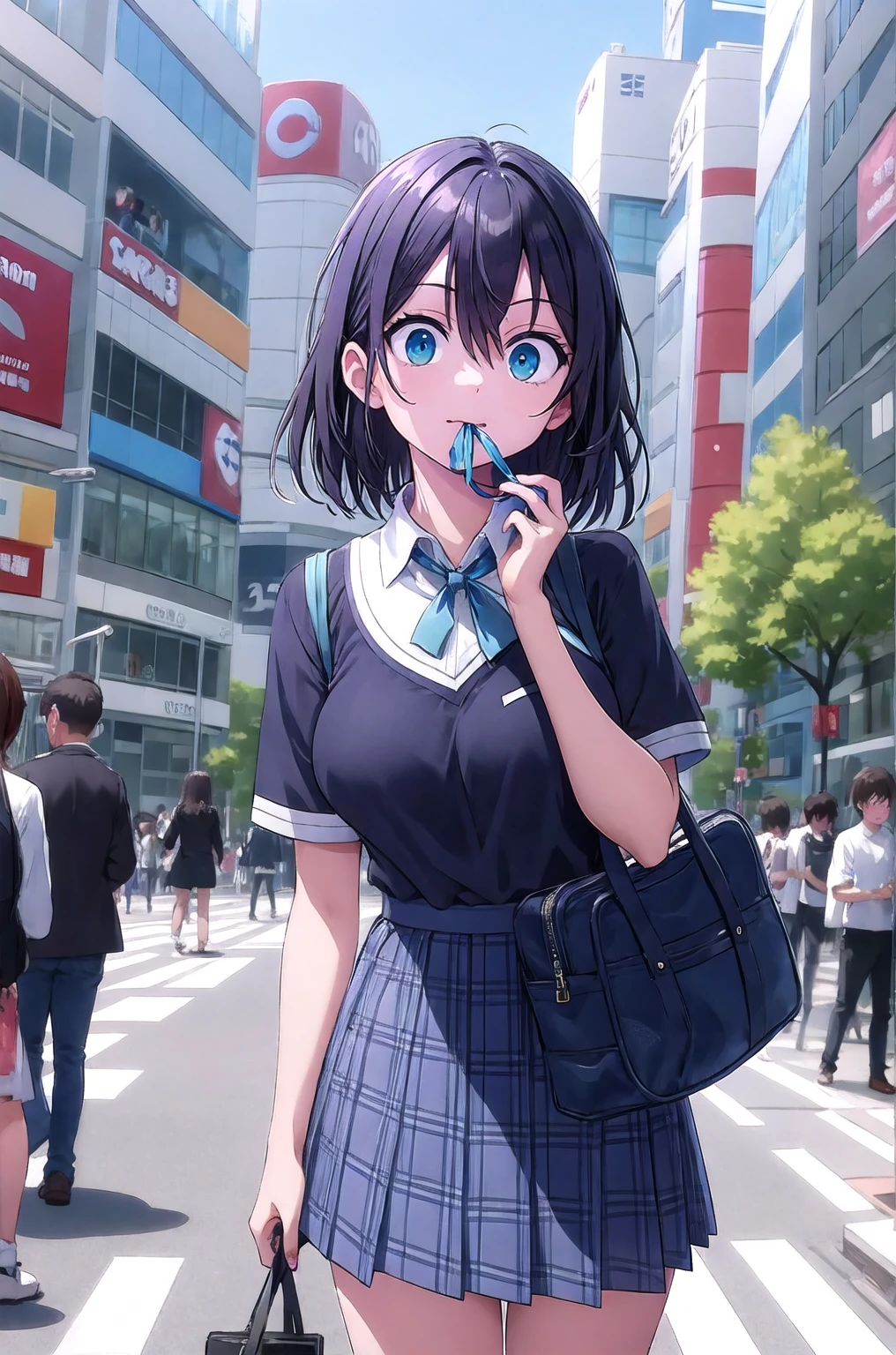 incredibily detailed, absurderes, ultra-highres, ultra detali, best qualityer,
1 girl, standing alone, beautiful hands, perfect hands,
break,
(wearing school uniform),
suprised, gaping mouth, wavy mouth,
cute pose, cowboy shot,
break,
苗条, kawaii, perfect symmetrical face, ultra cute girl, ultra cute face, ultra detailed eyes, ultra detailed hair, ultra cute, ultra beautiful,
from Canon EOS, SIGMA Art Lens 35mm F1.4, Shutter speed ISO 200 2000,
em harajuku, shibuya, Tokyo, Street, crowd, urban landscape,
medium breasts, (neckleace:-1),
break,
(cabelo roxo, blue colored eyes), hair between the eyes