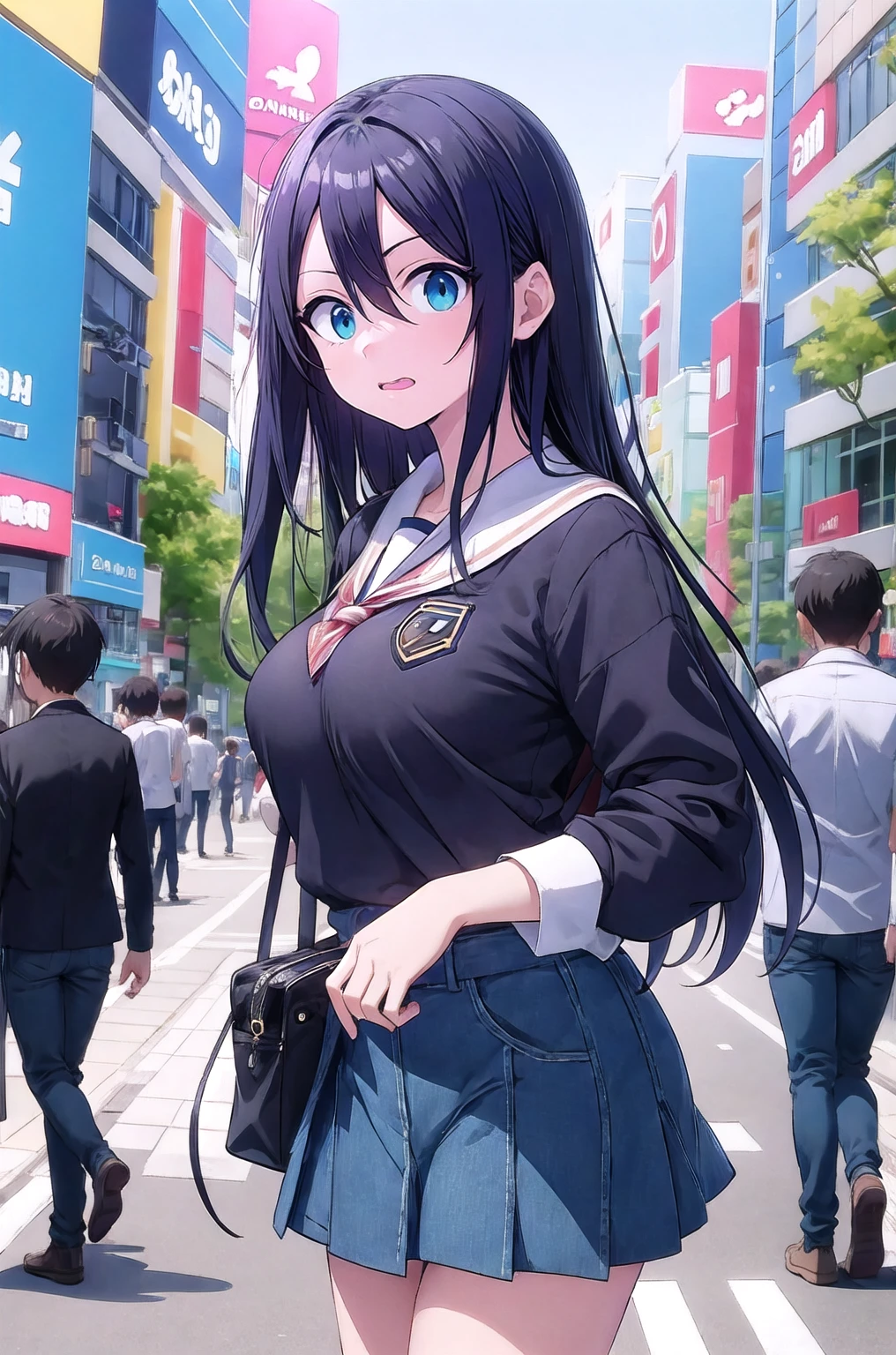 incredibily detailed, absurderes, ultra-highres, ultra detali, best qualityer,
1 girl, standing alone, beautiful hands, perfect hands,
break,
(wearing school uniform),
suprised, gaping mouth, wavy mouth,
cute pose, cowboy shot,
break,
苗条, kawaii, perfect symmetrical face, ultra cute girl, ultra cute face, ultra detailed eyes, ultra detailed hair, ultra cute, ultra beautiful,
from Canon EOS, SIGMA Art Lens 35mm F1.4, Shutter speed ISO 200 2000,
em harajuku, shibuya, Tokyo, Street, crowd, urban landscape,
medium breasts, (neckleace:-1),
break,
(cabelo roxo, blue colored eyes), hair between the eyes