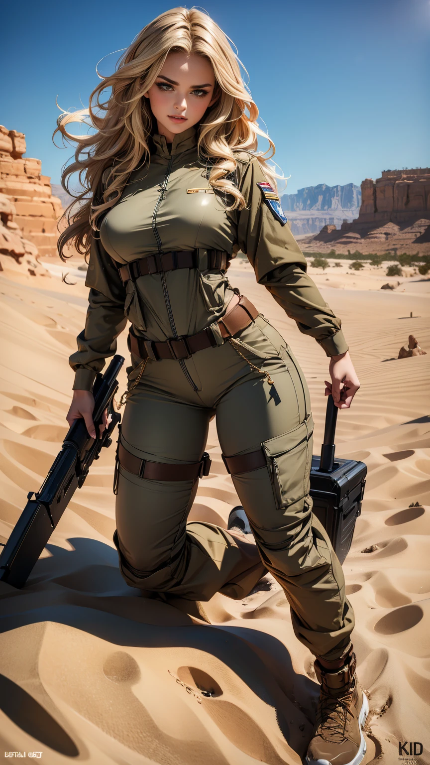 (ultra-detailed, photorealistic, best quality, 4k, 8k, highres, masterpiece:1.3), a stunning Israeli supermodel named Adina Cohen, At the age of 21, she possesses a voluptuous figure that is both athletic and curvaceous, a testament to her rigorous fitness regime, Her hair is a cascade of dark, glossy curls, characteristic of her Middle Eastern heritage, Her eyes are a striking blend of brown and gold, mirroring the desert landscapes of her homeland, Her facial features are sharp yet feminine with high cheekbones, a strong jawline, and full lips, She is dressed Israel IDF Army Heavy Duty Combat Uniform Shirt, Israel Defense Force Army Heavy Duty Combat Uniform Pants, which highlights her supermodel physique and reflects her patriotic spirit, Her posture is poised and confident, perfectly capturing her runway-ready demeanor, Her expression is a mix of fierce determination, a nod to her ambitious spirit, and a warm, inviting smile, reflecting her friendly personality, The scene captures her in a bustling, cosmopolitan setting, a symbol of her thriving modeling career, (intricate detail, super finely detailed hands, ultra finely detailed fingers, full body showcase, show full body),
