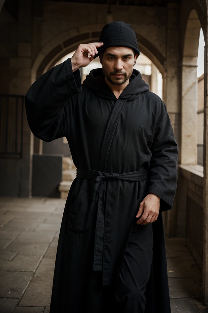 The guy wears a black robe and a black skullcap