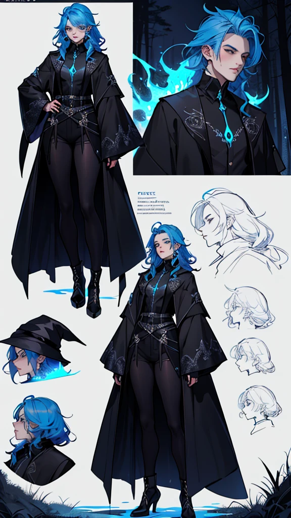 Ultra detailed, modelsheet, drag queen, clothes details, spiders, fashion, goth, hole body, blue fire witch, long blue hair, dark clothing, forest, night, magic