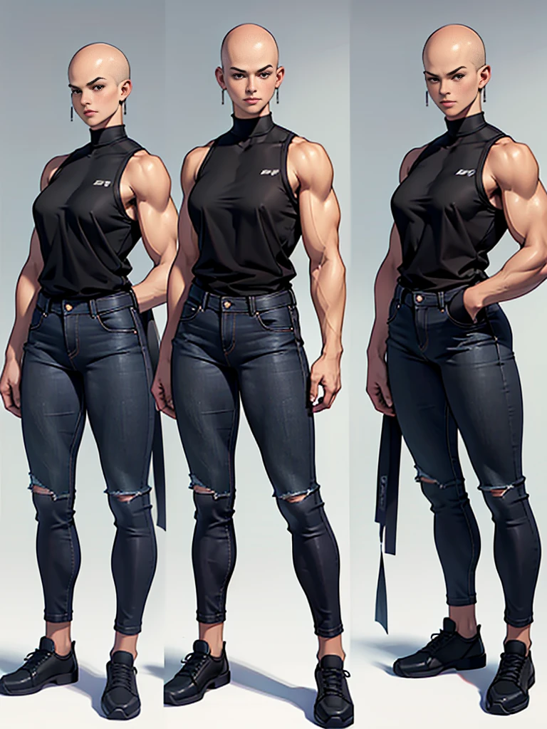 ((best quality)), ((4k)), ((highres)), ((masterpiece:1.2)). ((detailed)), ((ultra realistic)), ((intricate details)), ((full body picture)), ((character design sheet)), ((blank background)), ((standing in a blank background)), a full body shot of a bald female, bald woman, muscular woman, muscular arms, mucular legs, about 6'0 tall, about 25 years old, arm tattoos, ((arm tattoos)), dressed in a sports bra and blue jeans pants, midriff, six pack abs, sneakers, female gang member, character concept art, fighting game concept art, king of fighters character concept art, shaved head
